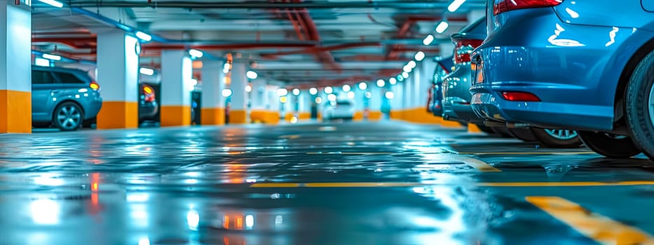 Underground Parking Lot with Reflective Floor and Parked Cars.