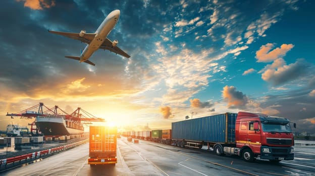 An airplane, truck, and cargo ship illustrating global trade at sunset