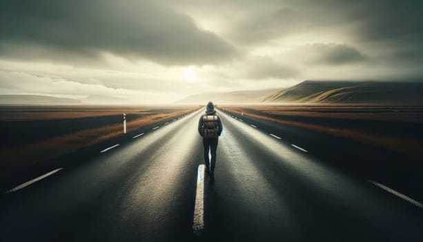 Lone traveler walking on an empty road in a vast landscape