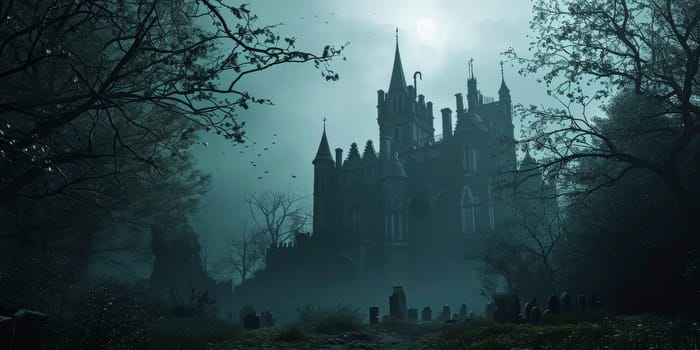 Mysterious gothic castle with illuminated windows overlooking a foggy cemetery at night.