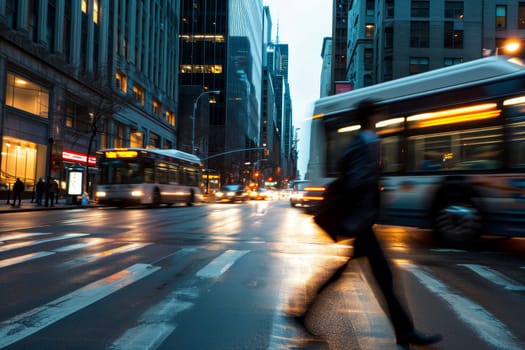 Rush hour on a busy city street with motion-blurred buses and pedestrians.