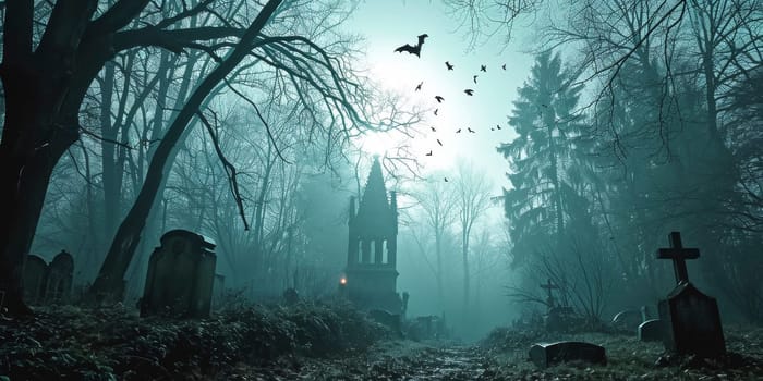 Eerie old graveyard with flying bats in misty woods