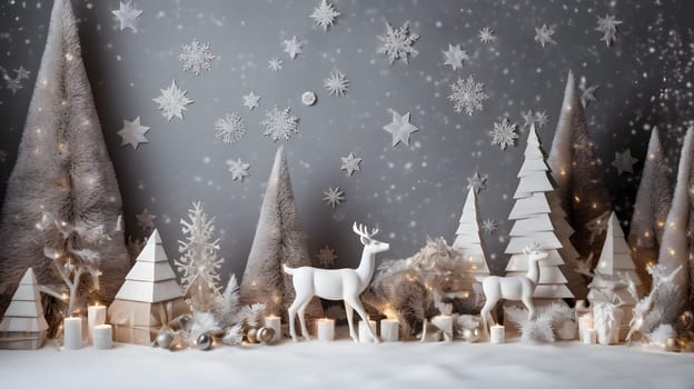 Christmas decorations fir trees and a deer, generative ai. High quality photo