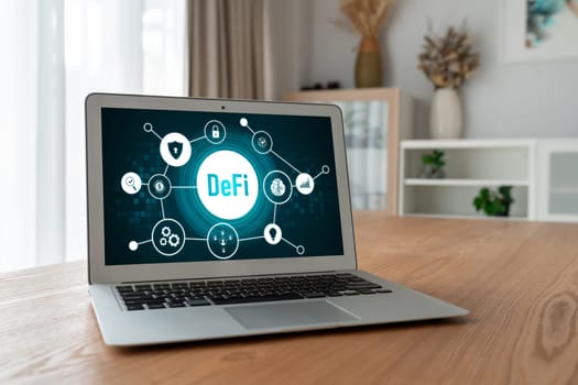 Decentralized finance or DeFi concept on modish computer screen . The defi system give new choice of investment and money saving .