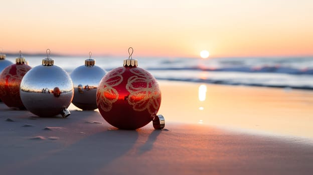 christmas decorative balls on the beach, sunset time, generative ai. High quality photo