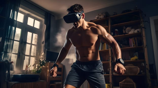 young man exercising at home in vr glasses, generative ai. High quality photo