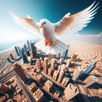 Motion Blur of Dove fly in the air with wings wide over building, peace and freedom over big city concept