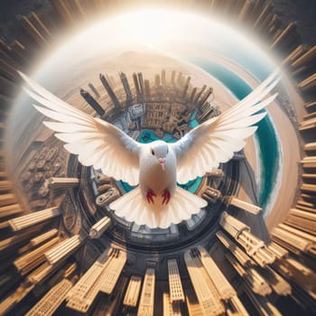 Motion Blur of Dove fly in the air with wings wide over building, peace and freedom over big city concept