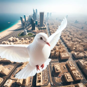 Motion Blur of Dove fly in the air with wings wide over building, peace and freedom over big city concept