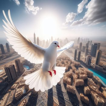 Motion Blur of Dove fly in the air with wings wide over building, peace and freedom over big city concept