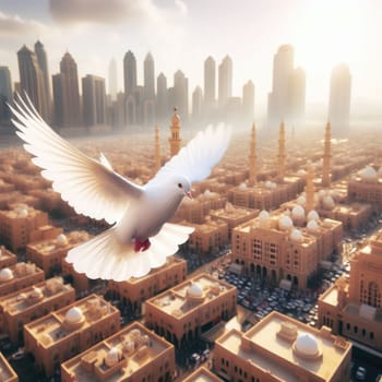 Motion Blur of Dove fly in the air with wings wide over building, peace and freedom over big city concept