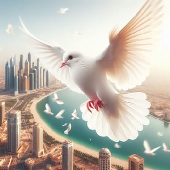 Motion Blur of Dove fly in the air with wings wide over building, peace and freedom over big city concept