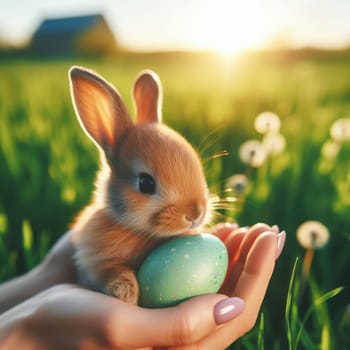 Easter bunny and Easter eggs on green grass field spring meadow.