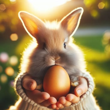 Easter bunny and Easter eggs on green grass field spring meadow.