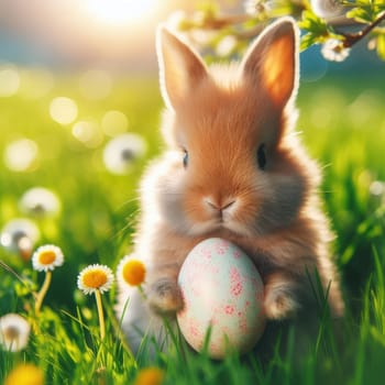 Easter bunny and Easter eggs on green grass field spring meadow.