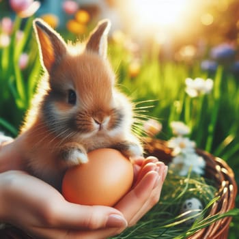 Easter bunny and Easter eggs on green grass field spring meadow.