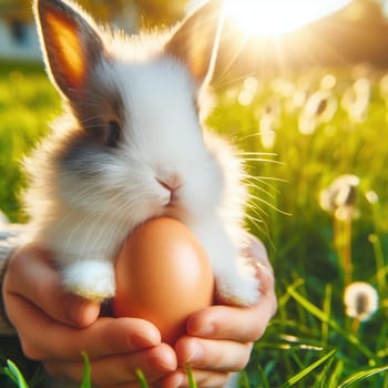 Easter bunny and Easter eggs on green grass field spring meadow.