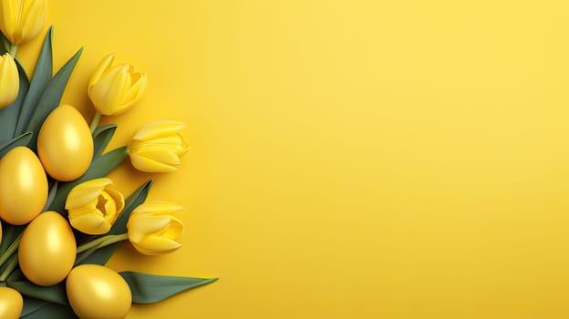 Yellow tulips and yellow eggs isolated on an yellow background, easter celebration concept