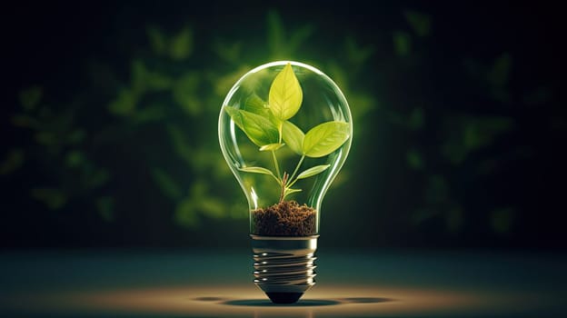 Eco friendly a lightbulb from fresh leaves top view, concept of renewable energy and sustainable living