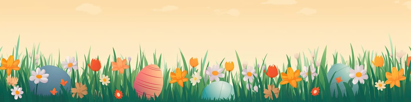 Flat cartoonish style easter banner with colorful eggs, grass and flowers, with empty copy space