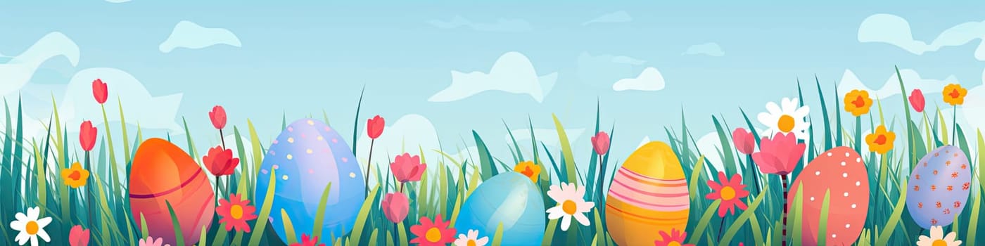 Flat cartoonish style easter banner with colorful eggs, grass and flowers, with empty copy space