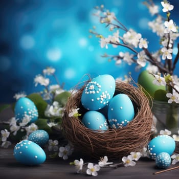 Happy easter background, a bright blue background easter eggs and flowers scene