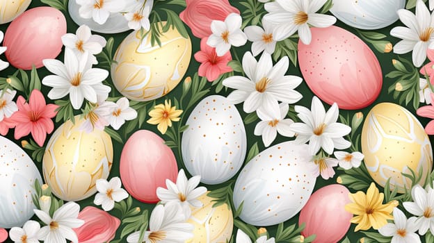 Easter eggs and flowers as a seamless pattern or background texture