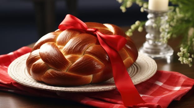 Easter plaited bread with red bow on the table, easter celebration concept