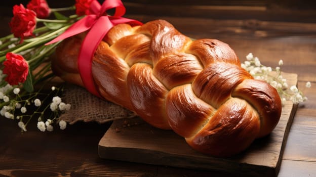 Easter plaited bread with red bow on the table, easter celebration concept