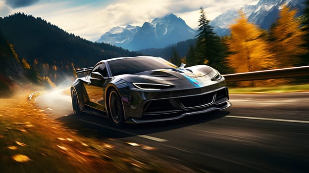 black stylish concept sports car driving in the mountains, generative ai. High quality photo
