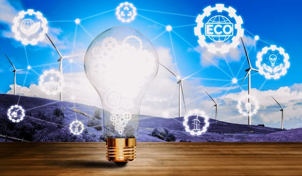 Green energy innovation light bulb with future industry of power generation icon graphic interface. Concept of sustainability development by alternative energy. uds