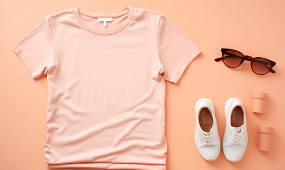 peach fuzz color summer vacation clothes flat lay, generative ai. High quality photo