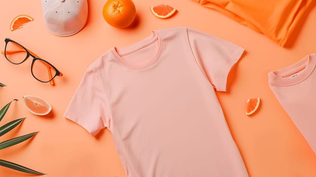 peach fuzz color summer vacation clothes flat lay, generative ai. High quality photo