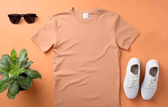 peach fuzz color summer vacation clothes flat lay, generative ai. High quality photo
