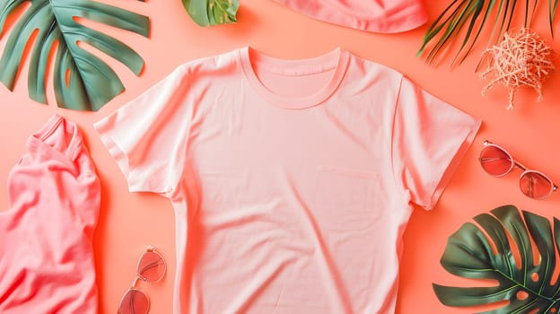 peach fuzz color summer vacation clothes flat lay, generative ai. High quality photo