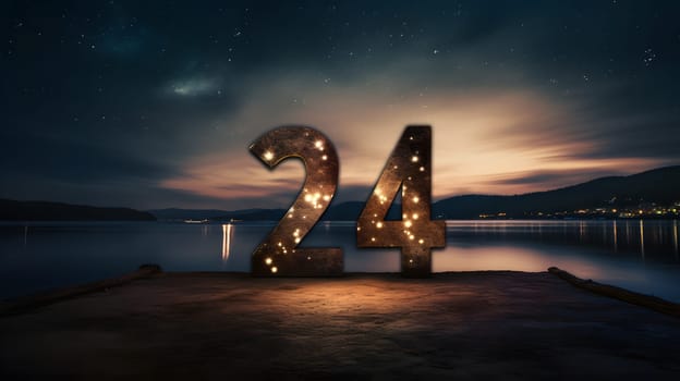 glowing number twenty four on the river bank, generative ai. High quality photo