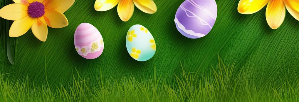 Holiday celebration banner with cute Easter decorated eggs and spring flowers on green spring meadow. Flowers in landscape. Happy Easter greeting card, banner, festive background.Copy space