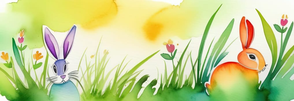 Holiday celebration banner with cute Easter decorated eggs and spring flowers on green spring meadow. Flowers in landscape. Happy Easter greeting card, banner, festive background.Copy space