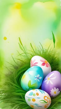 Holiday celebration banner with cute Easter decorated eggs and spring flowers on green spring meadow. Flowers in landscape. Happy Easter greeting card, banner, festive background.Copy space