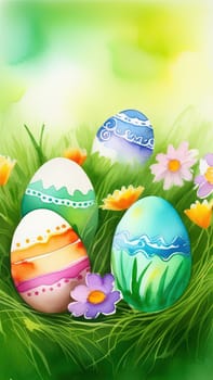 Holiday celebration banner with cute Easter decorated eggs and spring flowers on green spring meadow. Flowers in landscape. Happy Easter greeting card, banner, festive background.Copy space
