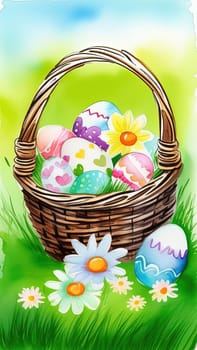 Holiday celebration banner with cute Easter decorated eggs in basket and spring flowers on green spring meadow. Flowers in landscape. Happy Easter greeting card, banner, festive background. Copy space