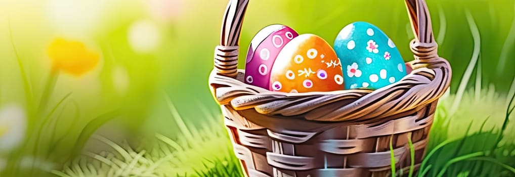 Holiday celebration banner with cute Easter decorated eggs in basket and spring flowers on green spring meadow. Flowers in landscape. Happy Easter greeting card, banner, festive background. Copy space