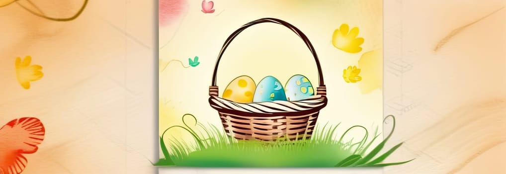 Holiday celebration banner with cute Easter decorated eggs in basket and spring flowers on green spring meadow. Flowers in landscape. Happy Easter greeting card, banner, festive background. Copy space