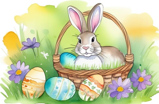 Holiday celebration banner with cute Easter bunny with decorated eggs and spring flowers on green spring meadow. Rabbit in landscape. Happy Easter greeting card, banner, festive background. Copy space