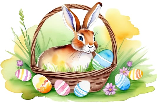Holiday celebration banner with cute Easter bunny with decorated eggs and spring flowers on green spring meadow. Rabbit in landscape. Happy Easter greeting card, banner, festive background. Copy space