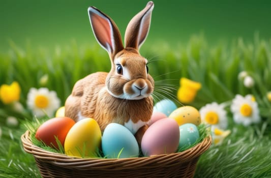 Holiday celebration banner with cute Easter bunny with decorated eggs and spring flowers on green spring meadow. Rabbit in landscape. Happy Easter greeting card, banner, festive background. Copy space
