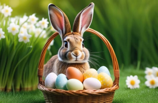 Holiday celebration banner with cute Easter bunny with decorated eggs and spring flowers on green spring meadow. Rabbit in landscape. Happy Easter greeting card, banner, festive background. Copy space