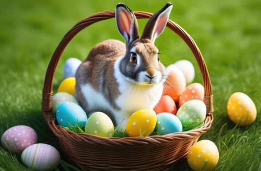 Holiday celebration banner with cute Easter bunny with decorated eggs and spring flowers on green spring meadow. Rabbit in landscape. Happy Easter greeting card, banner, festive background. Copy space