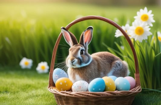 Holiday celebration banner with cute Easter bunny with decorated eggs and spring flowers on green spring meadow. Rabbit in landscape. Happy Easter greeting card, banner, festive background. Copy space