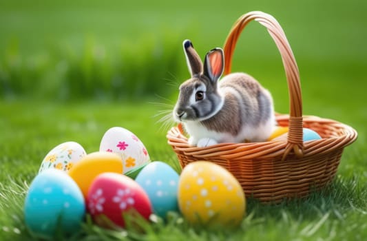 Holiday celebration banner with cute Easter bunny with decorated eggs and spring flowers on green spring meadow. Rabbit in landscape. Happy Easter greeting card, banner, festive background. Copy space